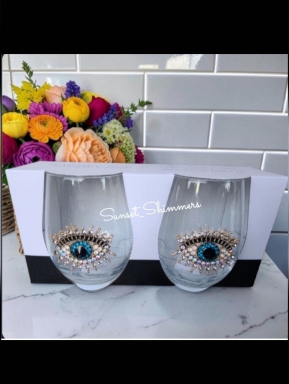 Jeweled Rhinestone Hamsa Evil Eye Mati Nazar Mal De Ojo Cocktail Wine Glass Set